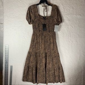 19 Cooper Dress Smocked Top Ruffle Hem MIDI Boho Size S Animal Print NWT 4579